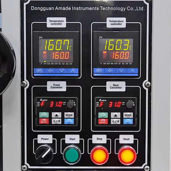 Push-button control panel of lab two roll mill